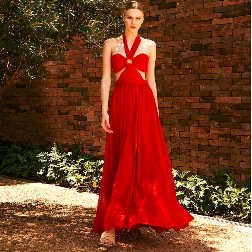 PatBO CUT-OUT HALTERNECK MAXI DRESS - CANDY RED. Size 6